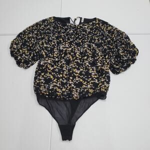 Intimately Free People Bodysuit Womens Large Black Floral Puff Sleeve Ruched